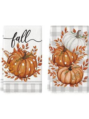 Orange Buffalo Plaid Fall Kitchen Towels Set of 2 Pumpkin Leaves Hand Dish Towel